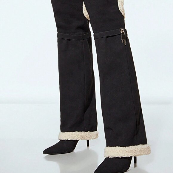 Black Suede Over-Knee faux suede and faux sherpa trim High Heel Boots - Picture 4 of 7